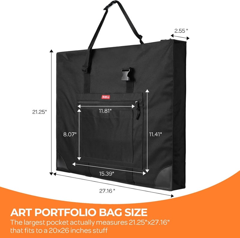Nicpro Large Size Art Portfolio Case, Artist Portfolio Tote Bag with Leather Corners & Side Widening, Waterproof Storage Portfolio Folder with 3 Pockets for 20'' x 26'' Poster Canvas Sketching Drawing - Image 2
